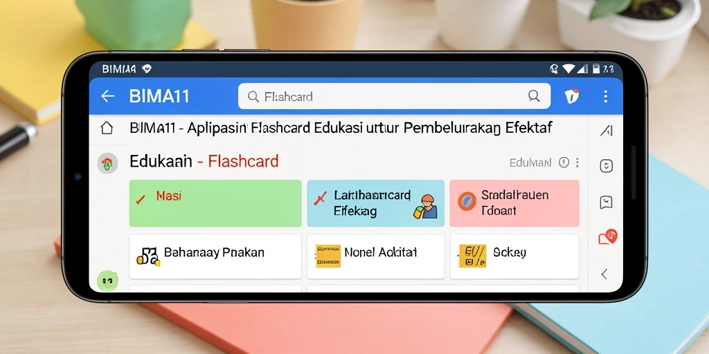 Antarmuka BIMA11 menampilkan berbagai flashcard interaktif untuk pembelajaran.