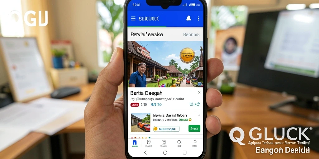 Tampilan antarmuka QGLUCK yang menampilkan berita daerah terkini.